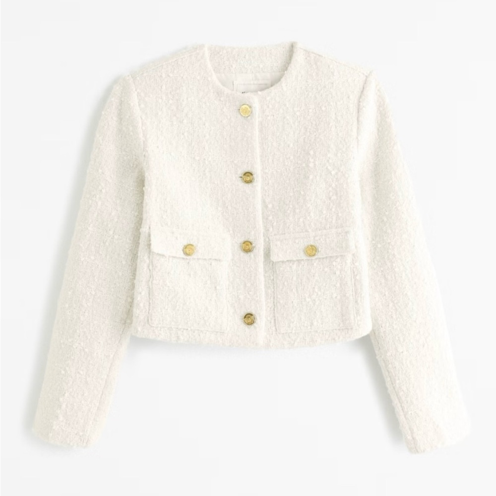 ABERCROMBIE & FITCH | COLLARLESS CROPPED TWEED JACKET IN WHITE LARGE - Picture 3 of 13